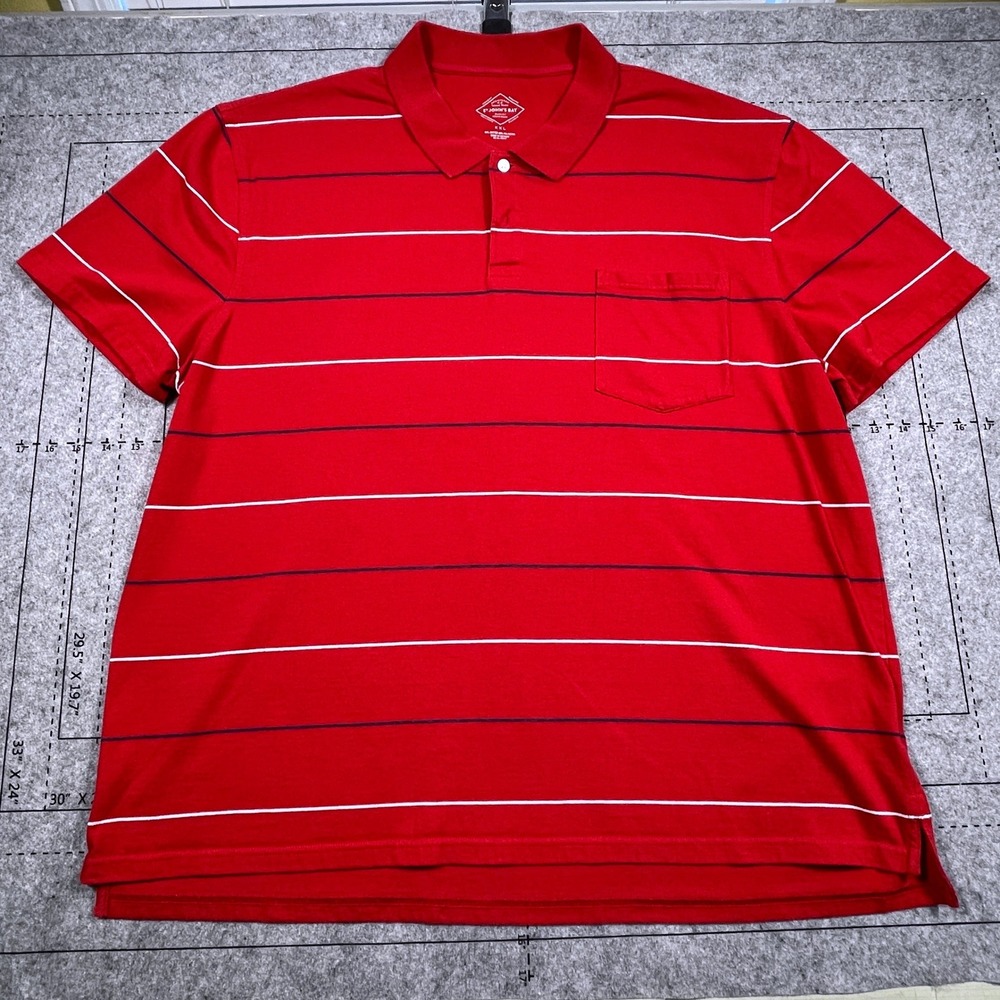 St Johns Bay Mens Red Striped Short Sleeve Polo Shirt XXL Pocket Classic Fit